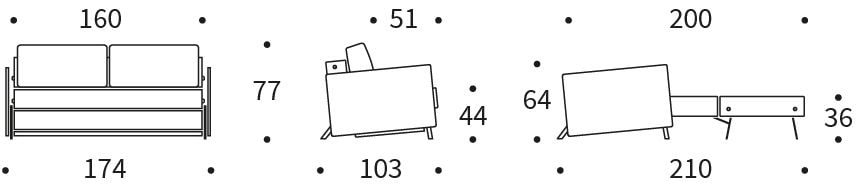 CUBED 160 sofa rozkładana z podłokietnikami - wymiary